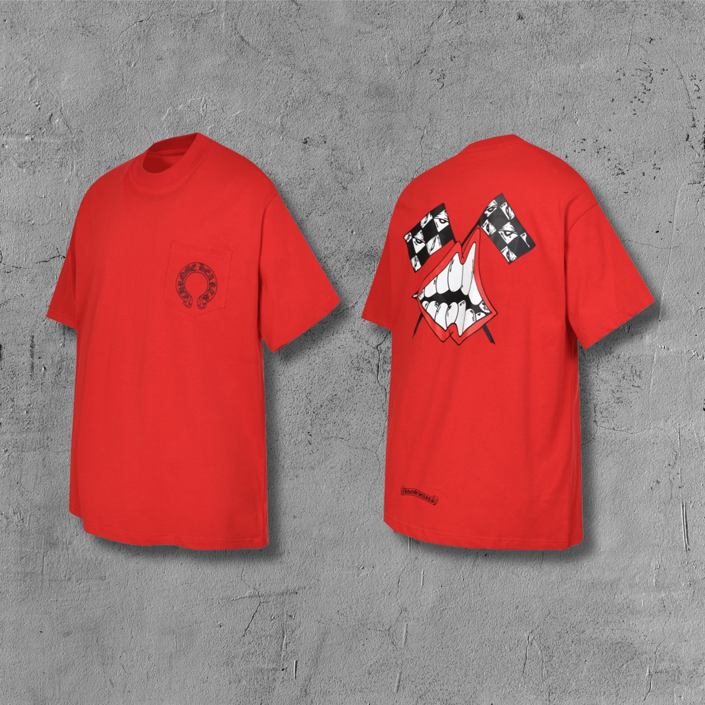 Checker Flag Mouth Graphic Pocket Red T-Shirt™