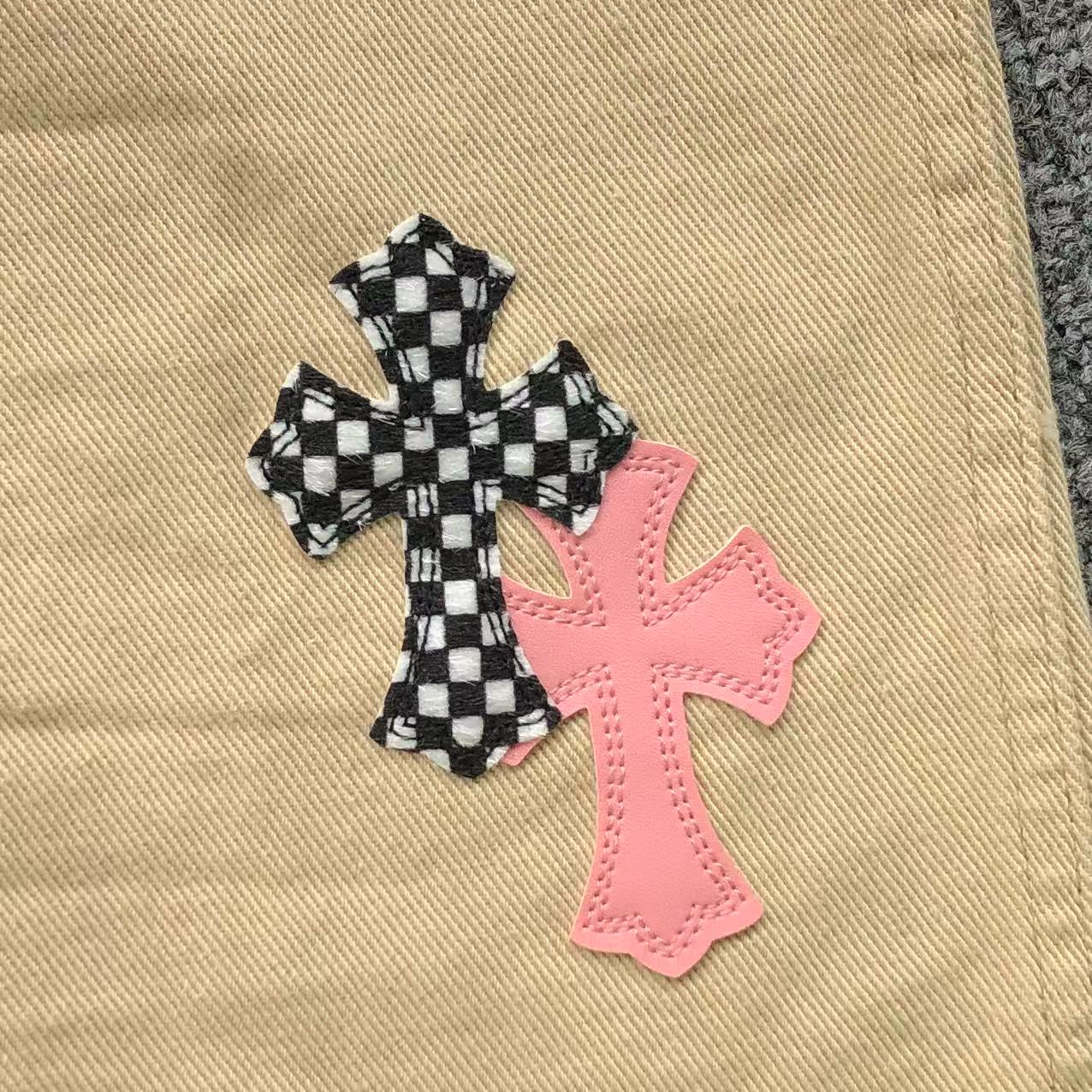 Checkered & Pink Cross Beige Denim Jacket