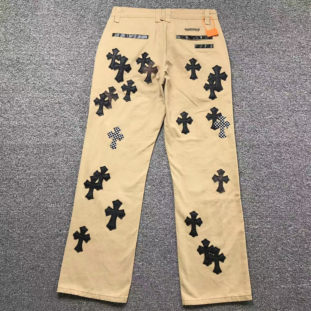 Checkered & Black Cross Patch Beige Jeans™