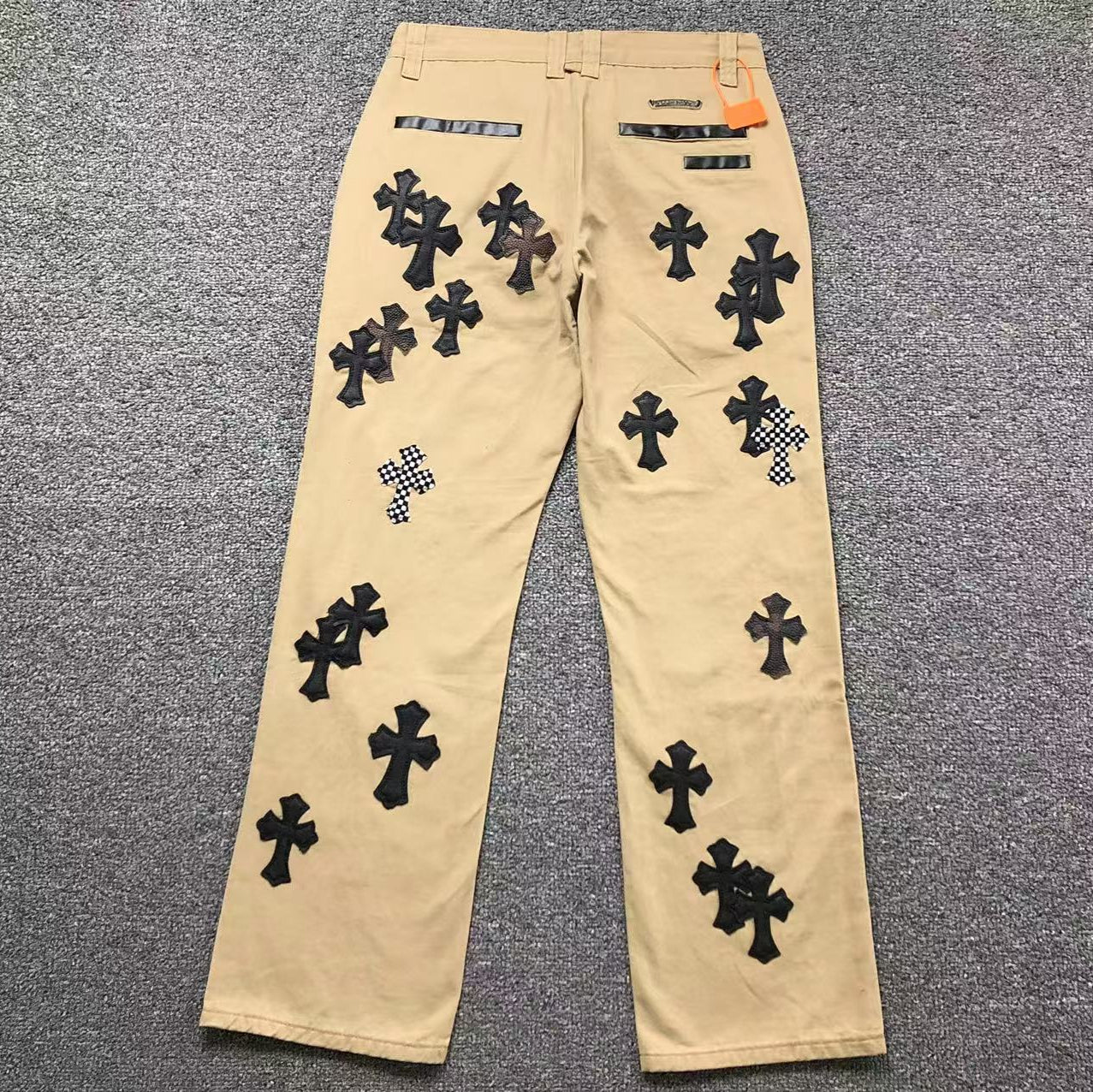 Checkered & Black Cross Patch Beige Jeans™