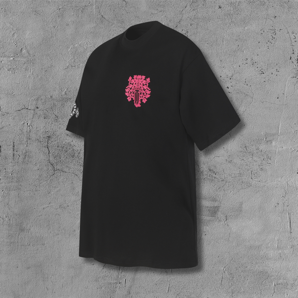 Ornate Pink Dagger Typography Black T-Shirt™