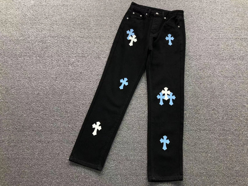 White & Light Blue Cross Patch Black Denim Jeans™