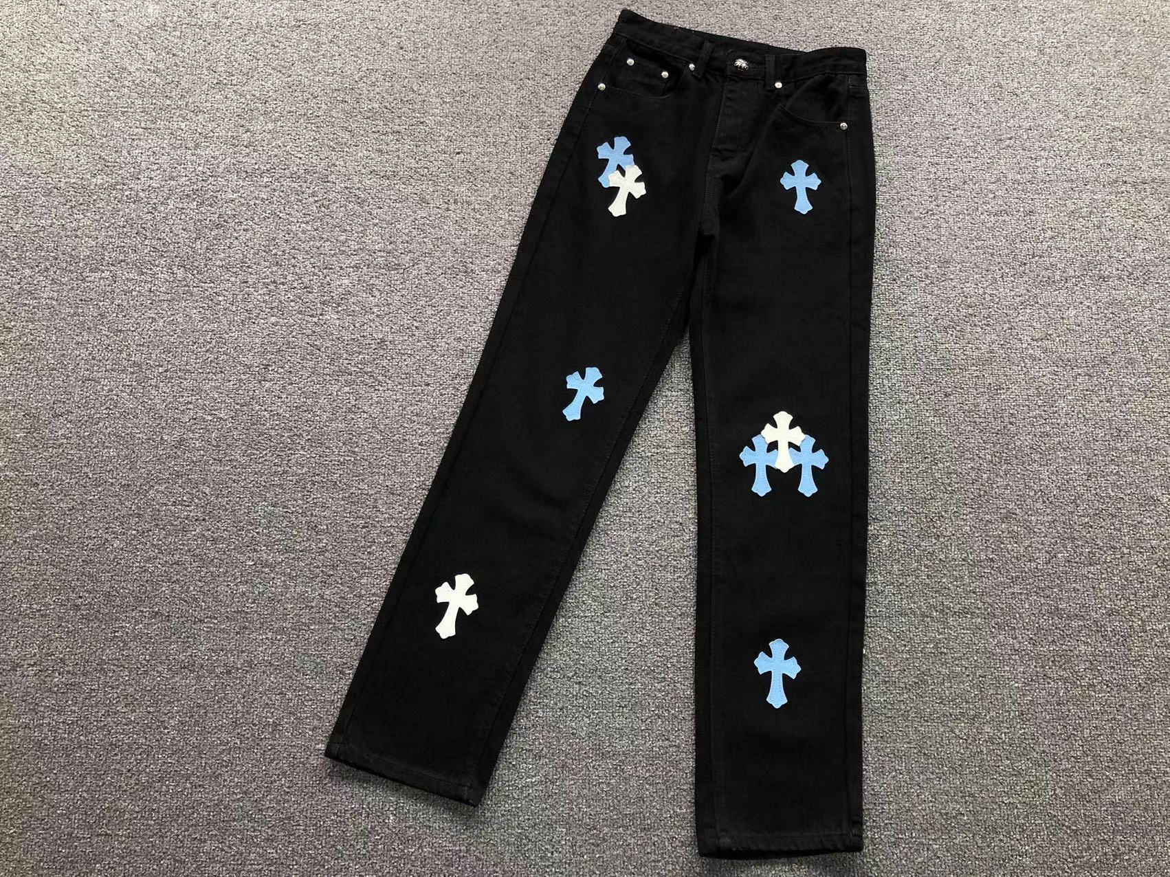 White & Light Blue Cross Patch Black Denim Jeans™