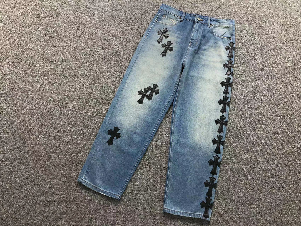 Stacked Black Crosses Denim Jeans™