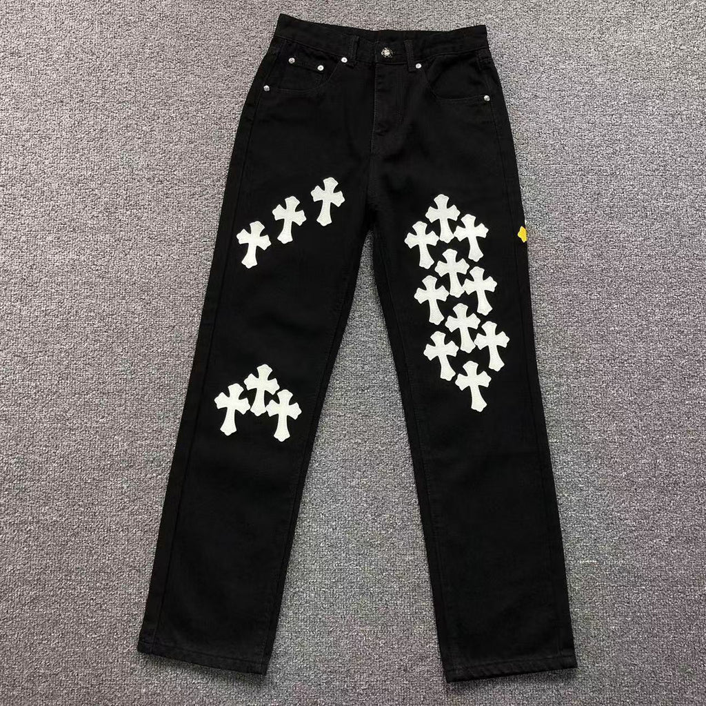 White & Yellow Cross Patch Black Denim Jeans™