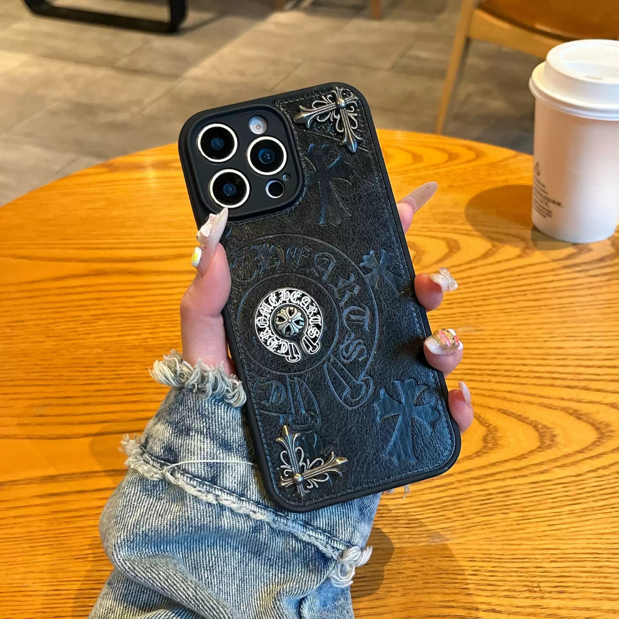 Metallic 3D Symbol Black Leather Phone Case™