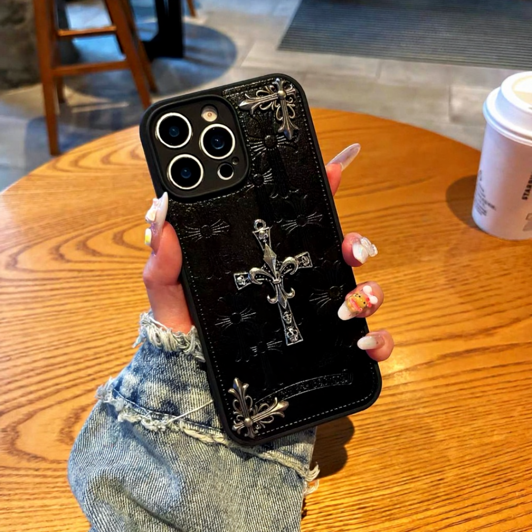 Metallic 3D Cross Black Leather Phone Case™