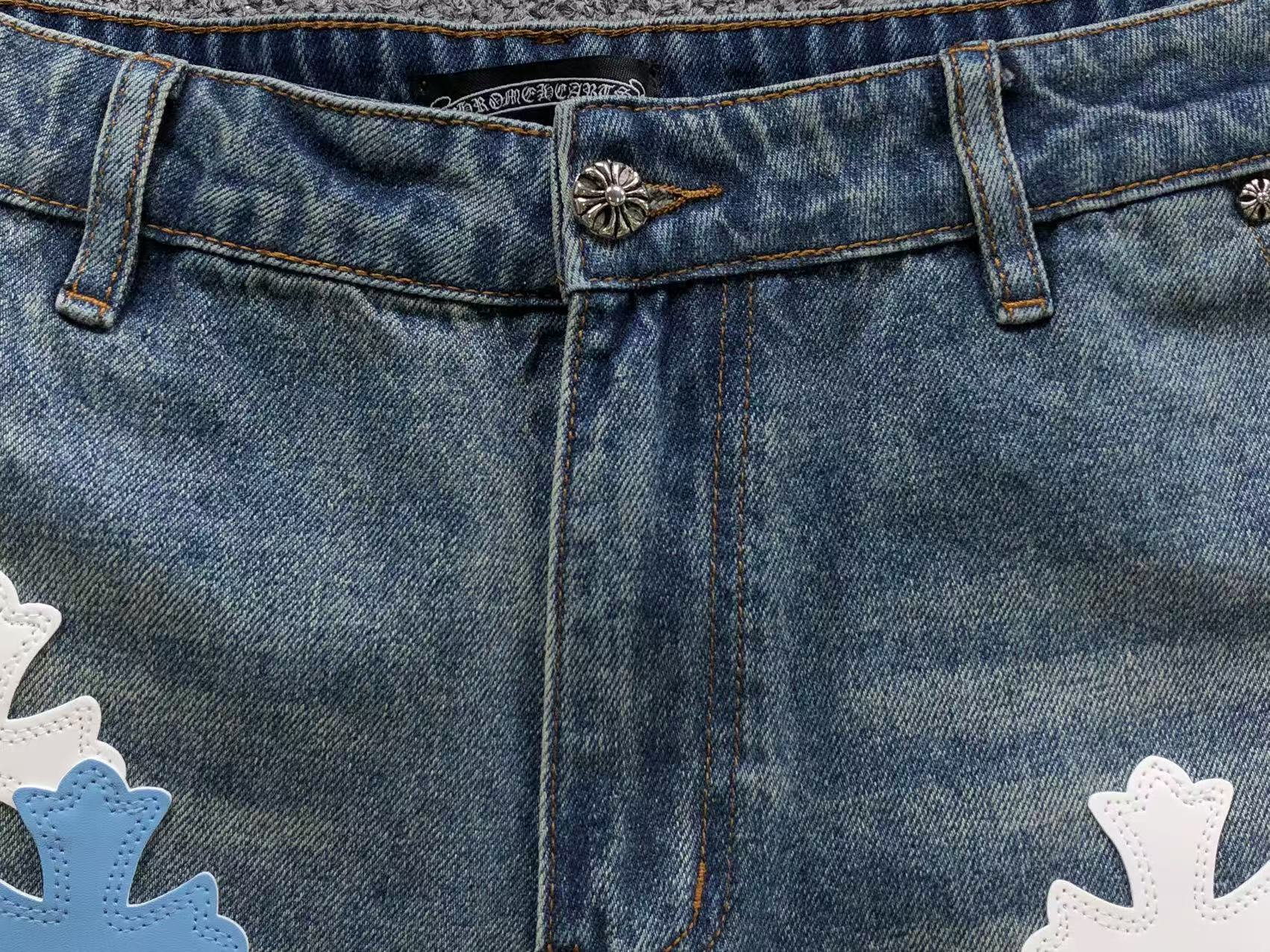 White Blue & Black Cross Patch Faded Denim Carpenter Jeans™