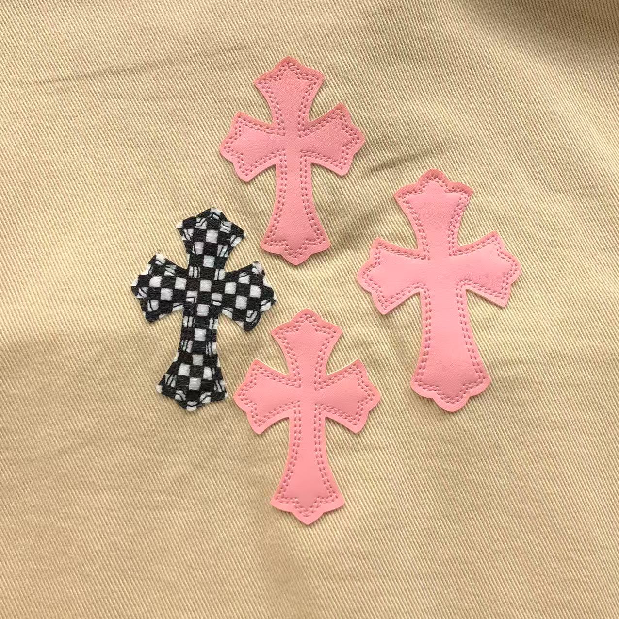Checkered & Pink Cross Beige Denim Jacket
