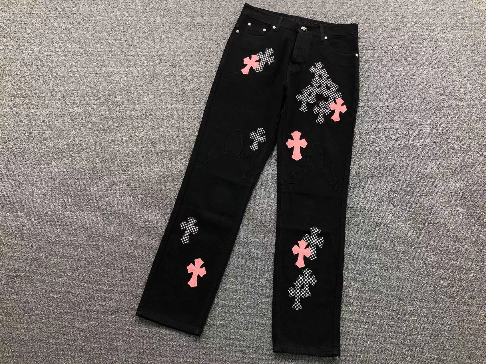 Checkered & Pink Cross Patch Black Jeans™