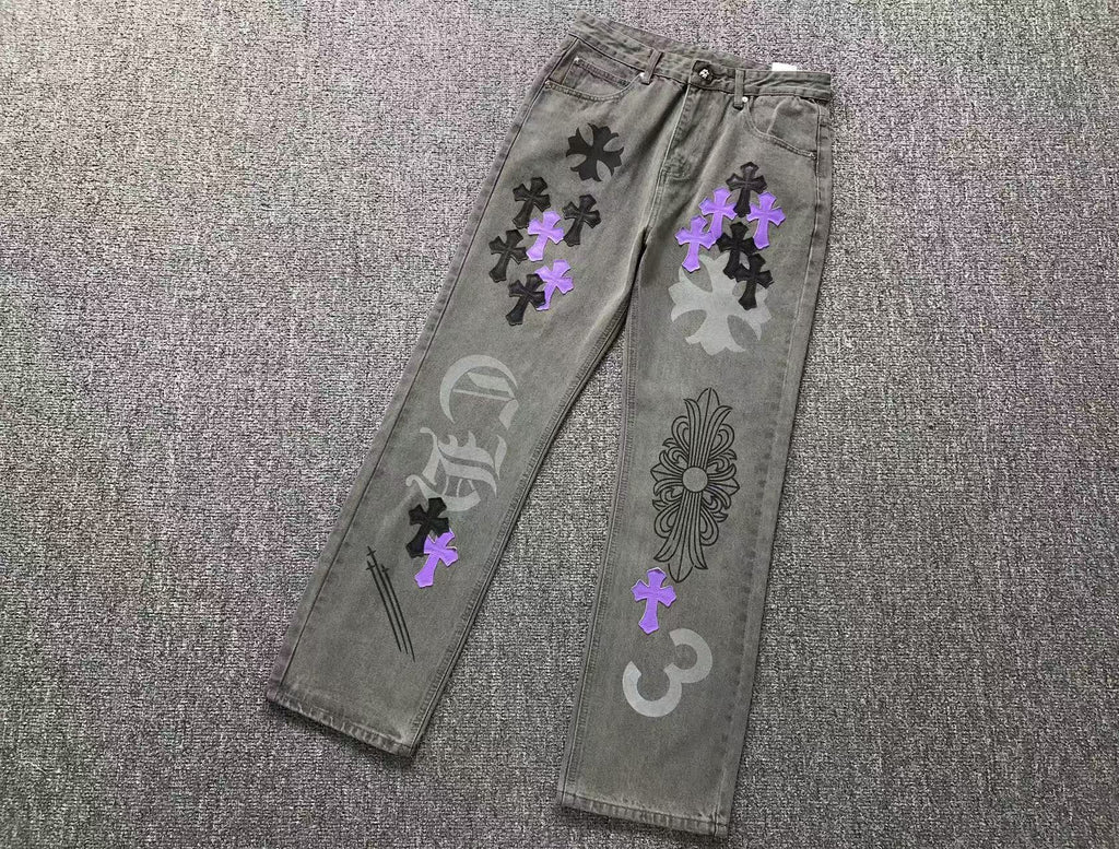 Purple & Black Cross Patch Mixed Graphic Grey Denim Jeans™