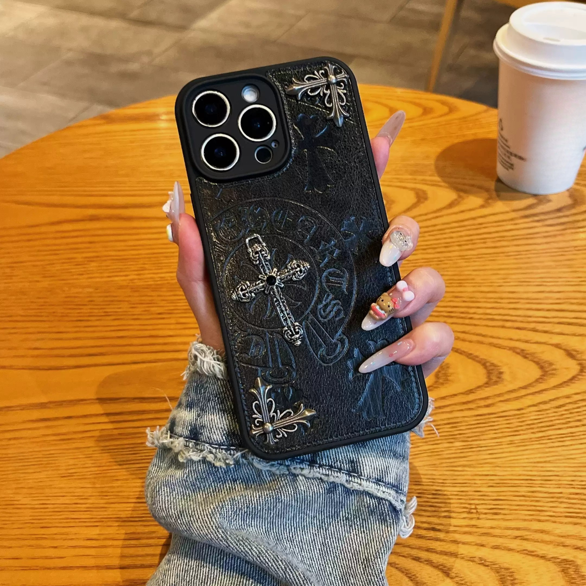 Metallic 3D Symbol Black Leather Phone Case™