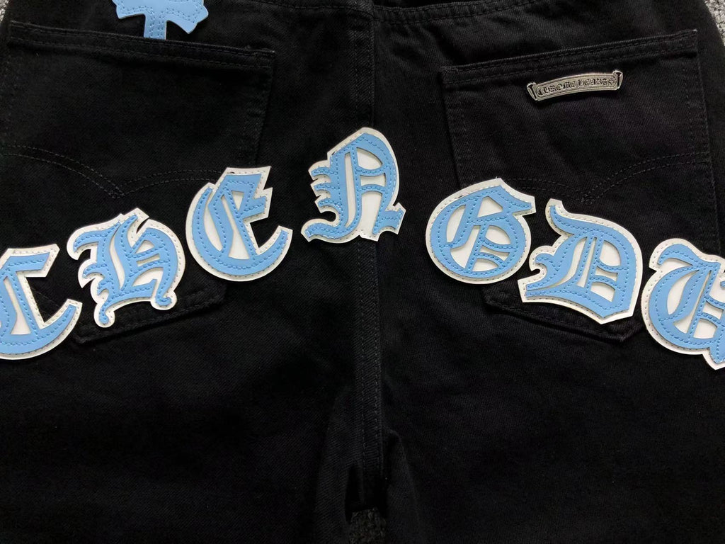 White & Light Blue Cross Patch Black Denim Jeans™