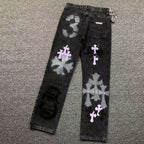 Purple & Black Cross Patch Mixed Graphic Black Denim Jeans™
