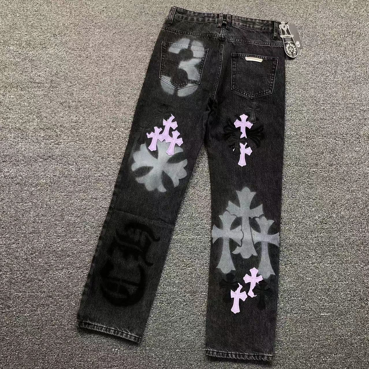 Purple & Black Cross Patch Mixed Graphic Black Denim Jeans™