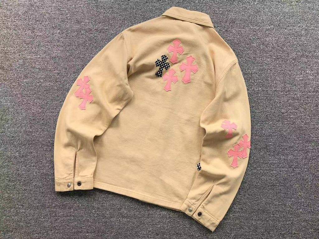 Checkered & Pink Cross Beige Denim Jacket