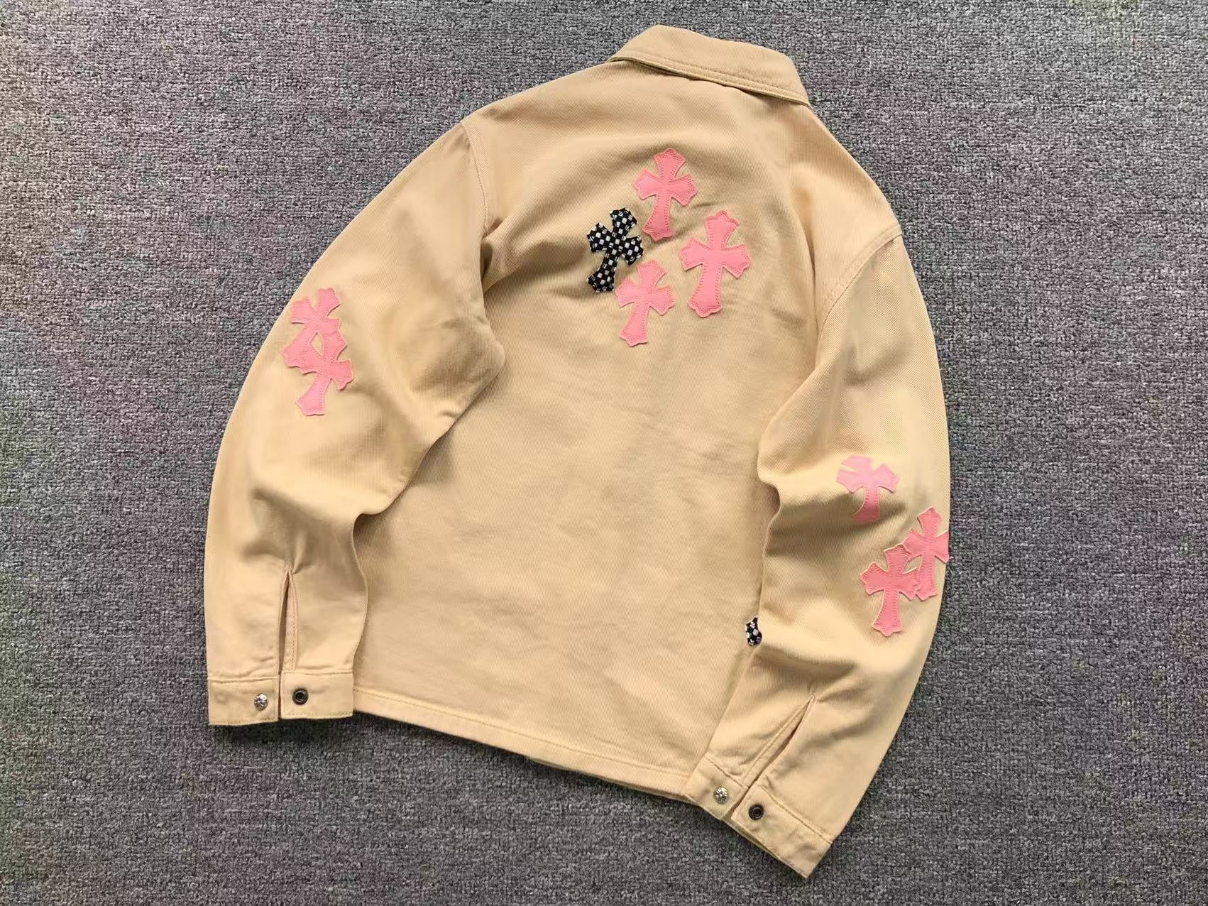 Checkered & Pink Cross Beige Denim Jacket
