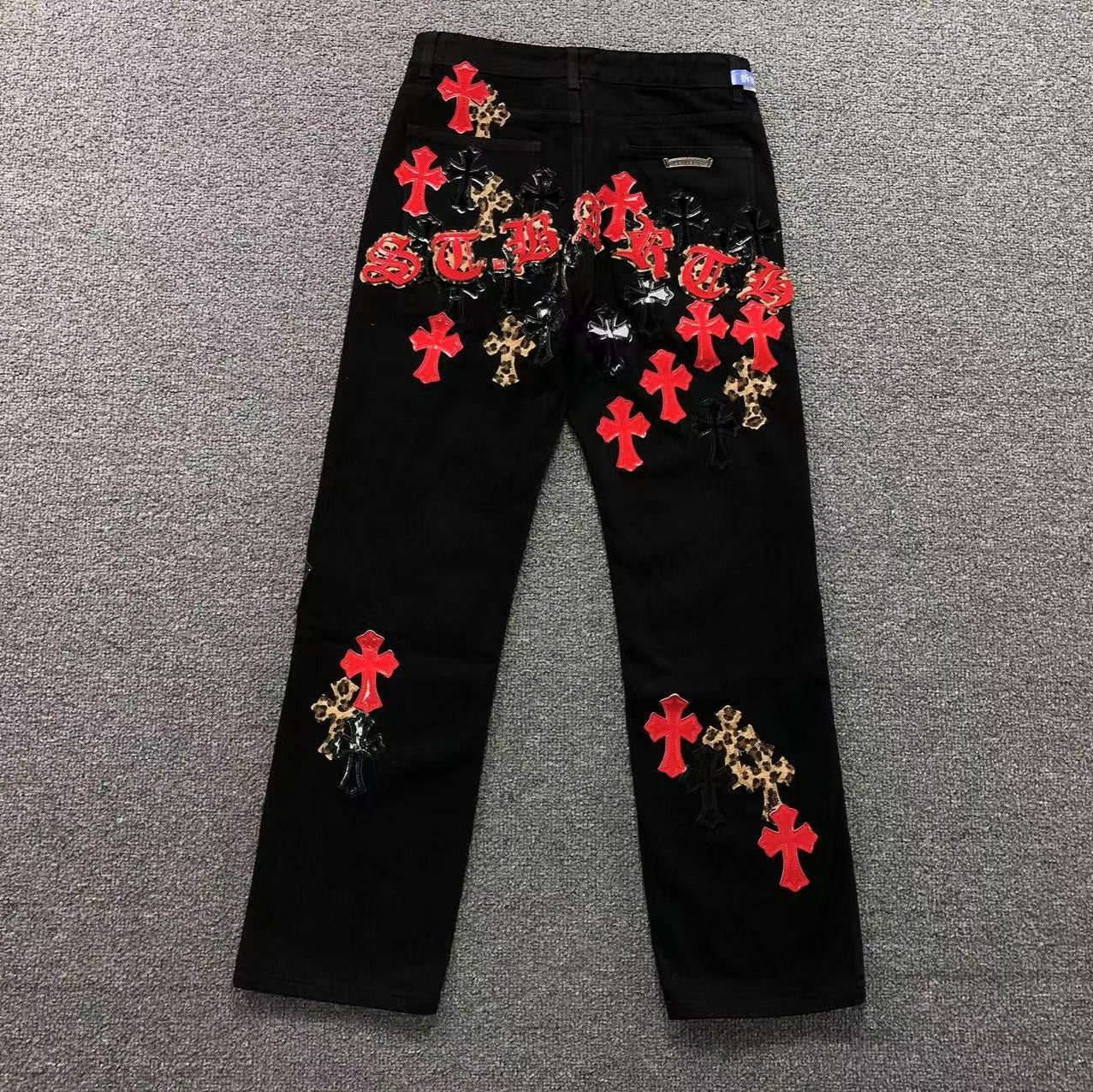 Black Red & Leopard Cross Patch Typography Logo Black Jeans™