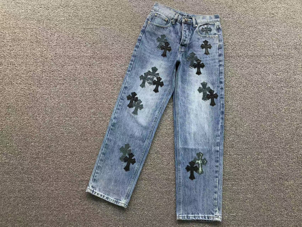 Black Leather Cross Patch Denim Jeans™