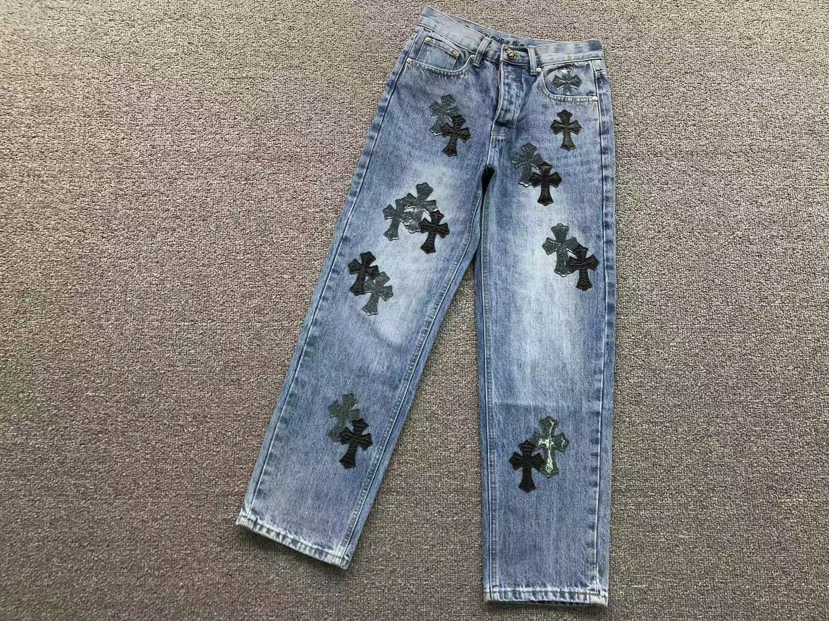 Black Leather Cross Patch Denim Jeans™