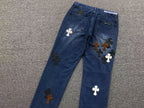 Brown Black & White Cross Patch Blue Denim Jeans™