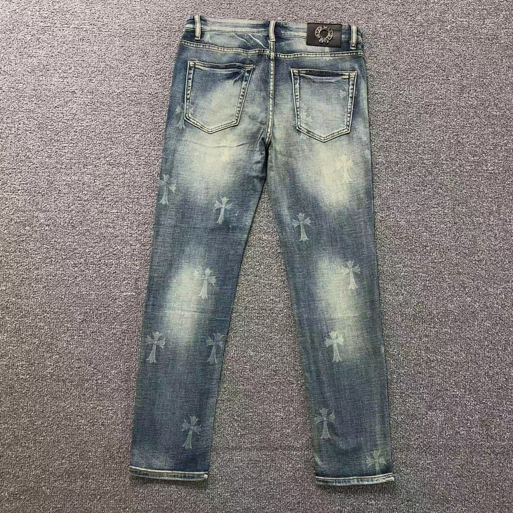 Faded Wash Cross Print Slim Fit Jeans™