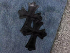 Black Leather & Cross Patch Denim Jeans™