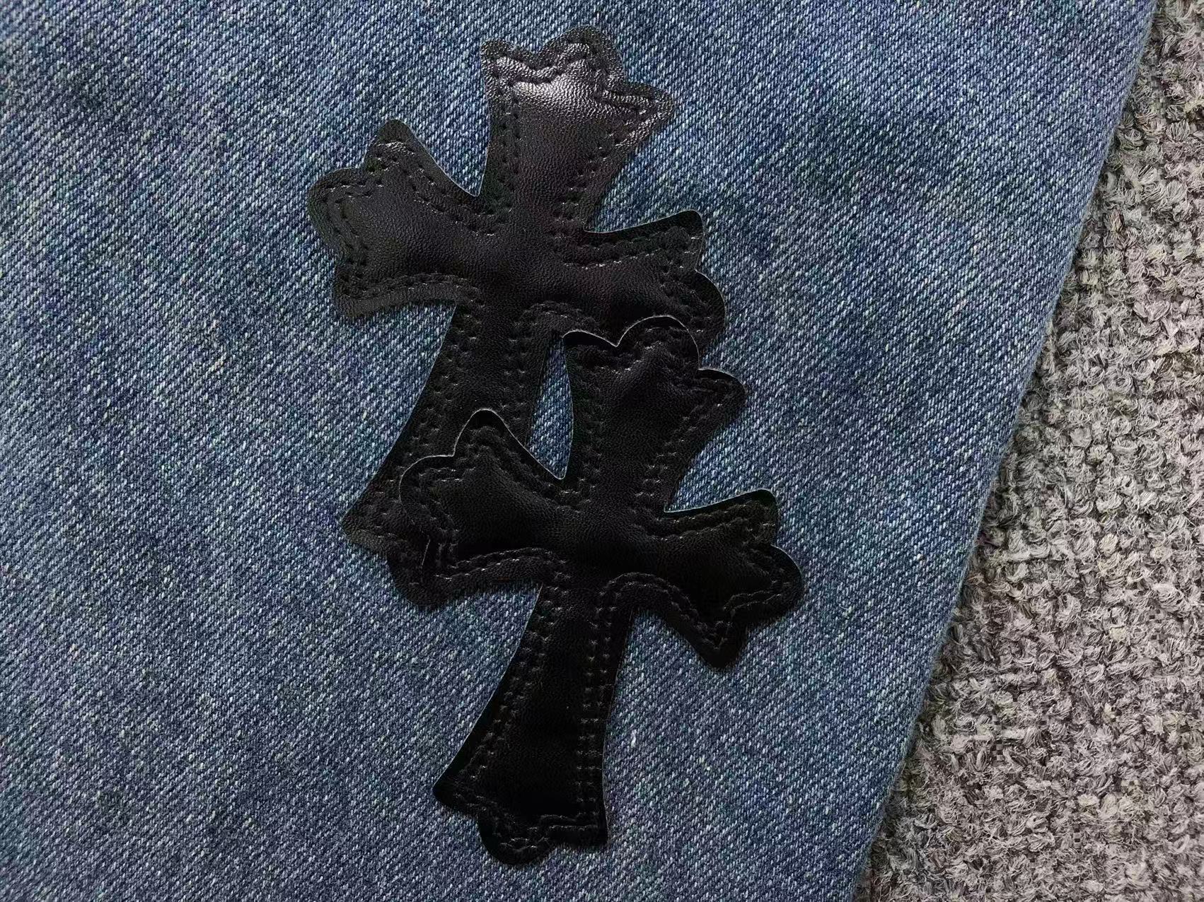 Black Leather & Cross Patch Denim Jeans™