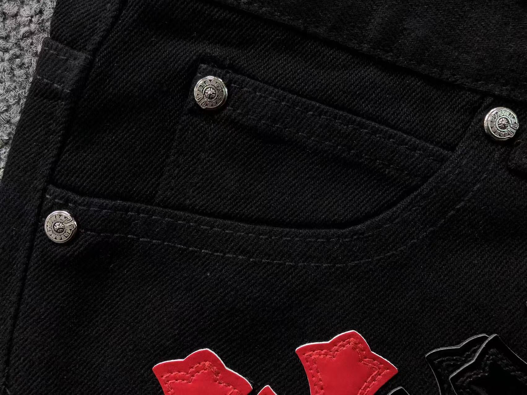 Black Red & Leopard Cross Patch Typography Logo Black Jeans™