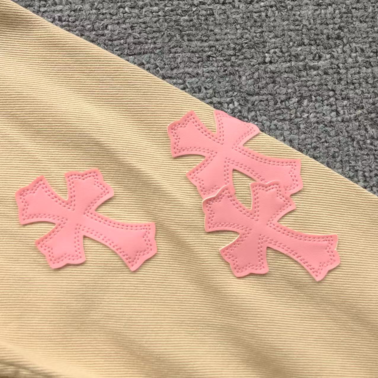 Checkered & Pink Cross Beige Denim Jacket