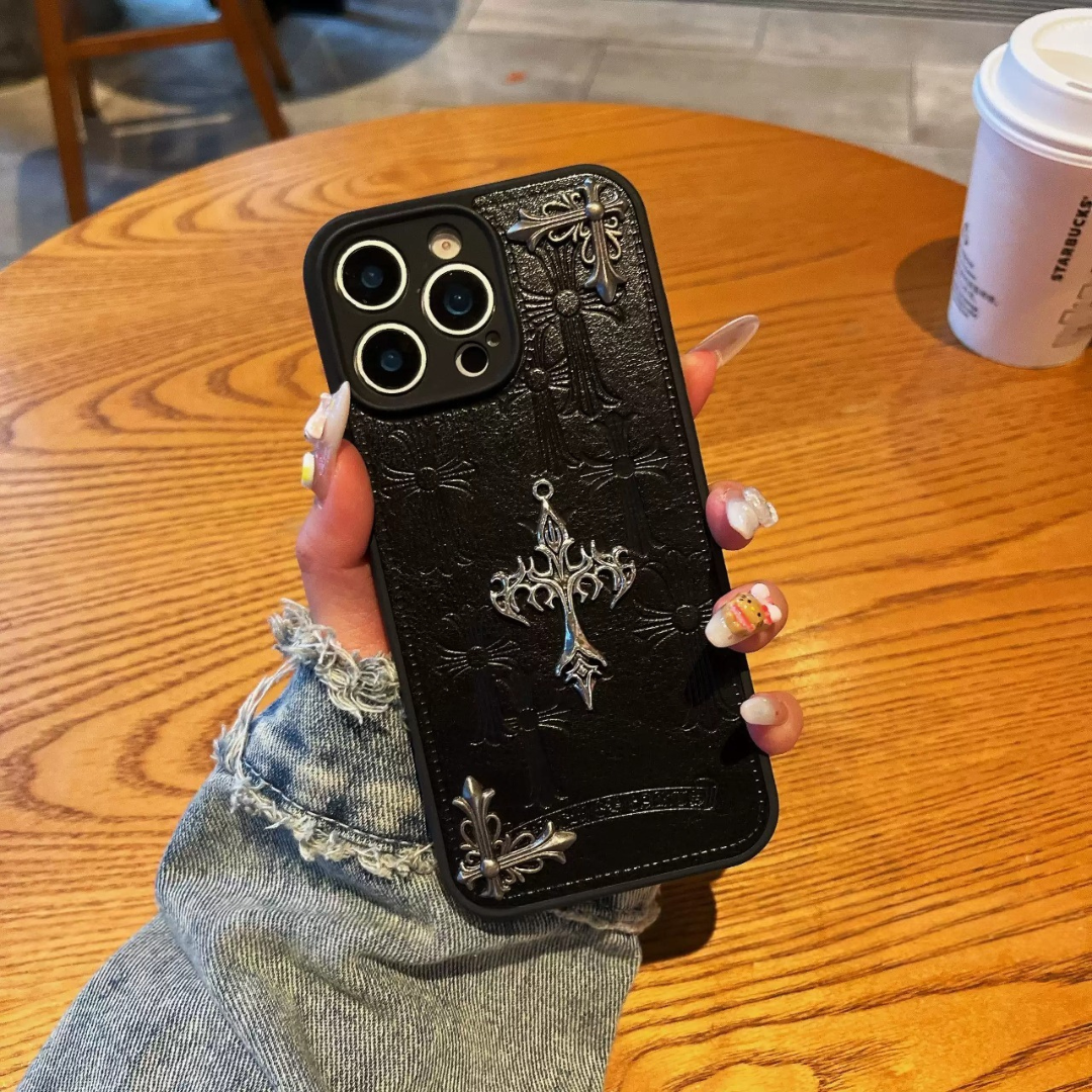 Metallic 3D Cross Black Leather Phone Case™