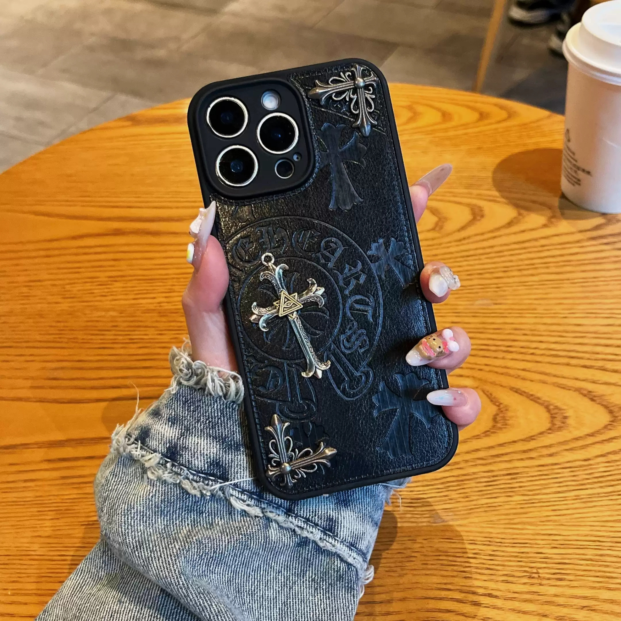 Metallic 3D Symbol Black Leather Phone Case™