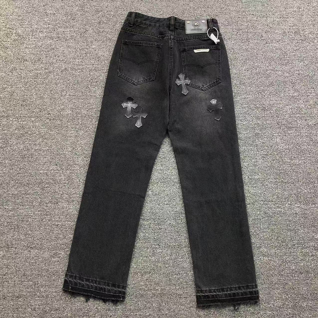 Black Leather Cross Patch Black Denim Jeans™
