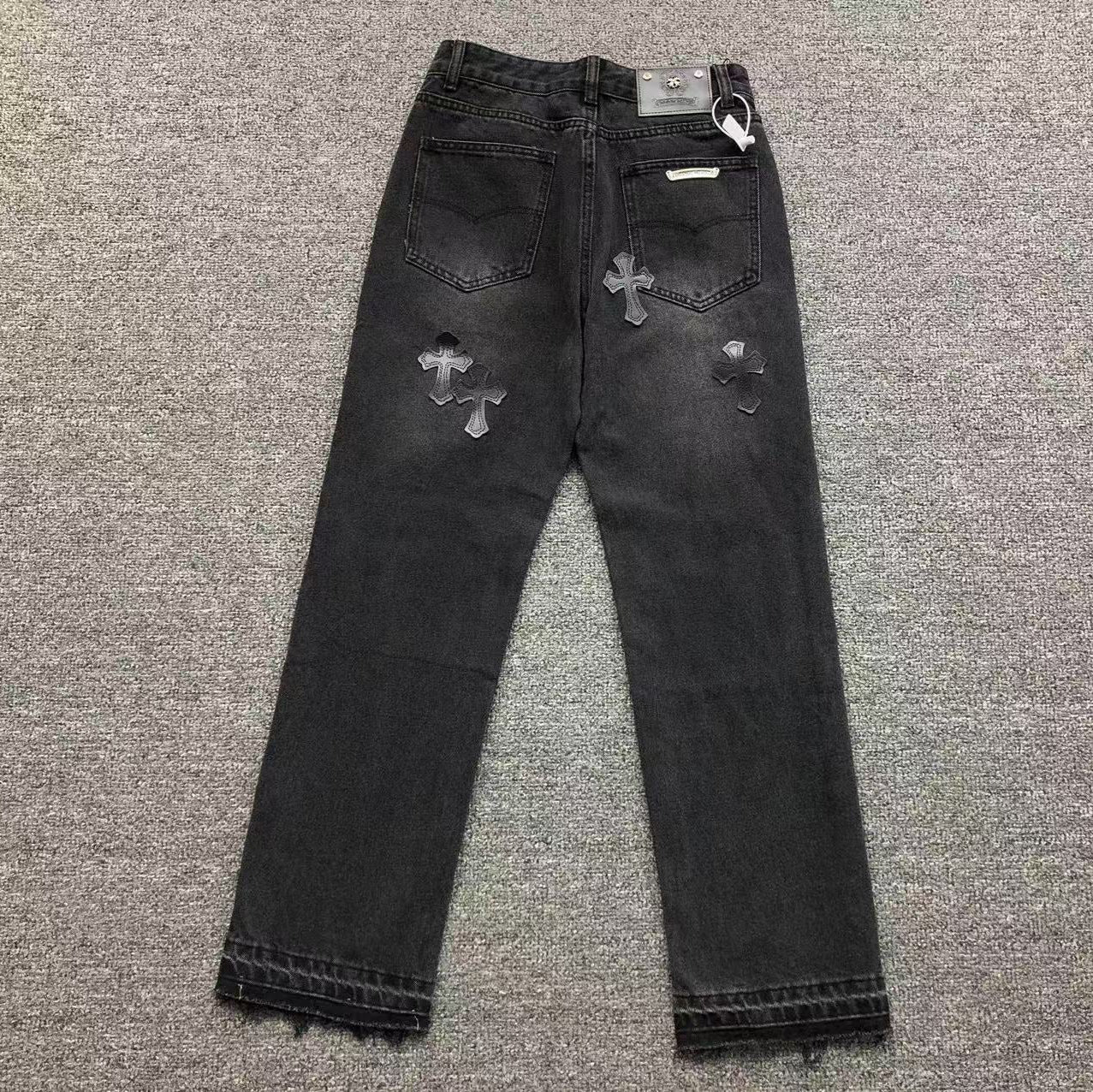 Black Leather Cross Patch Black Denim Jeans™