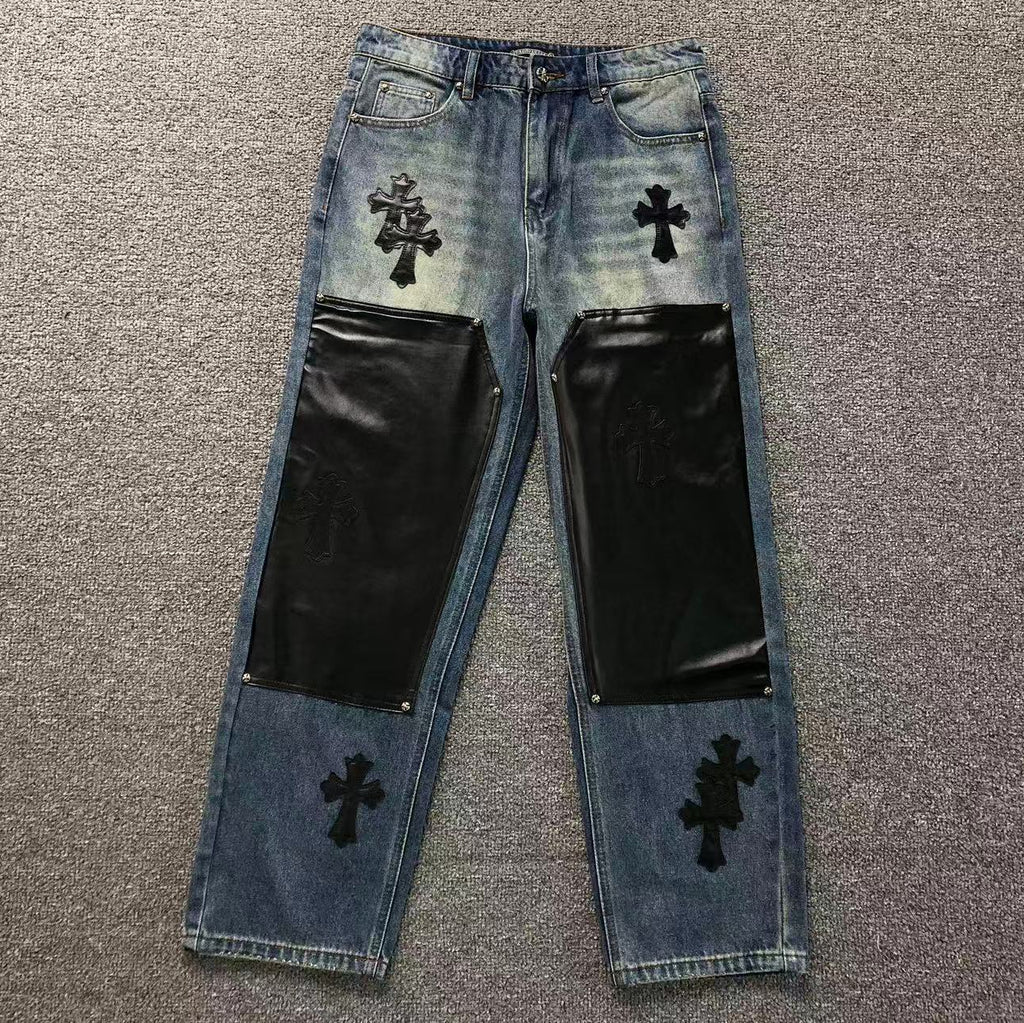 Black Leather & Cross Patch Denim Jeans™
