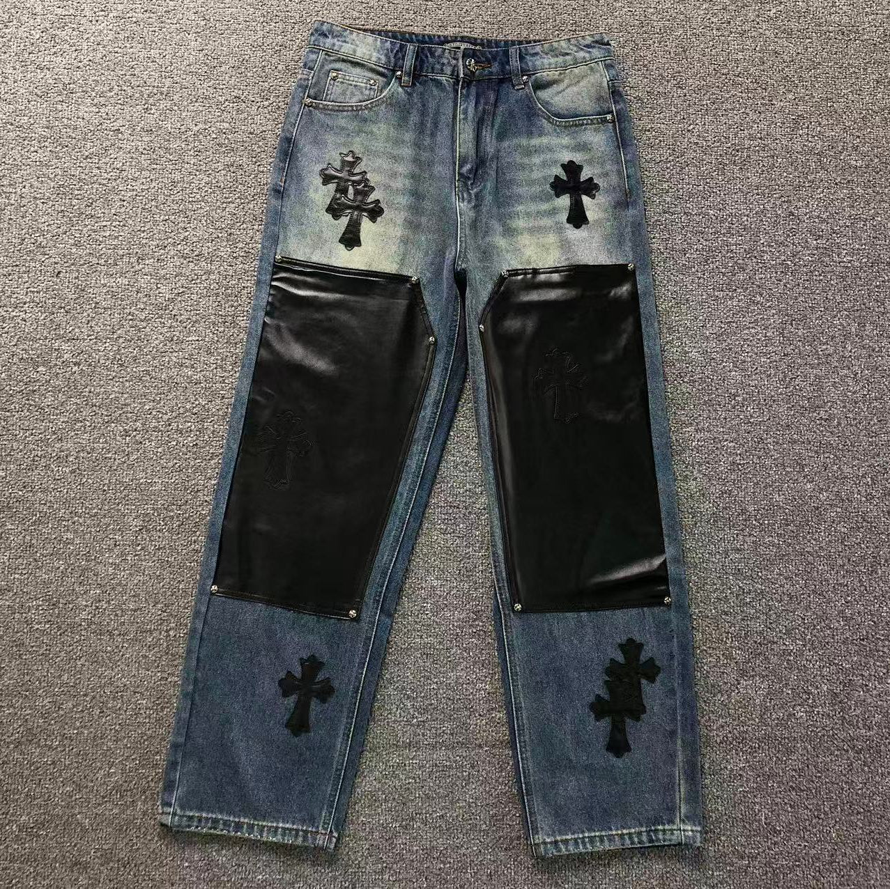 Black Leather & Cross Patch Denim Jeans™