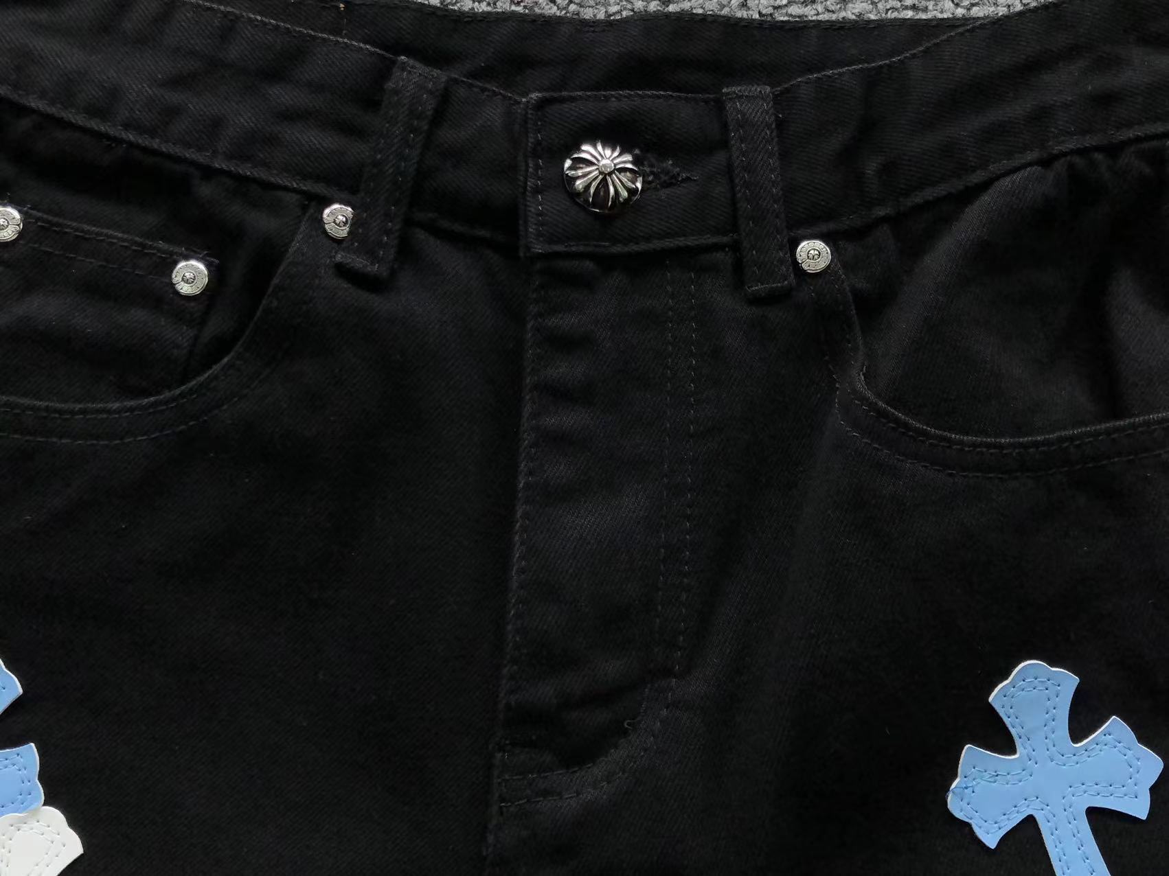 White & Light Blue Cross Patch Black Denim Jeans™