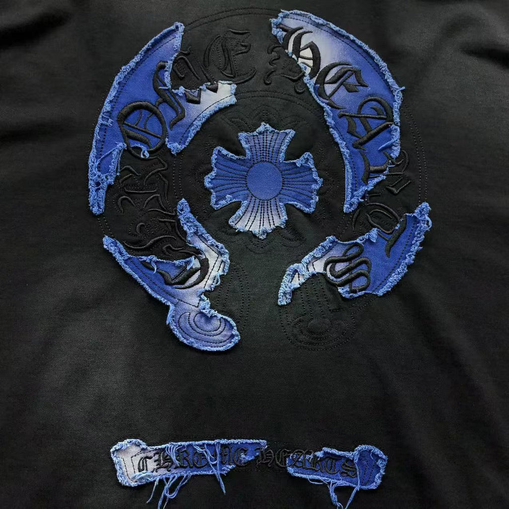 Washed Torn Embroidery Black Hoodie™