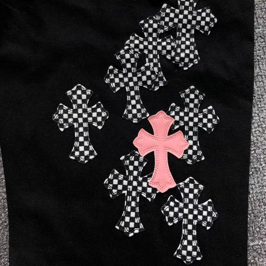 Checkered & Pink Cross Patch Black Jeans™