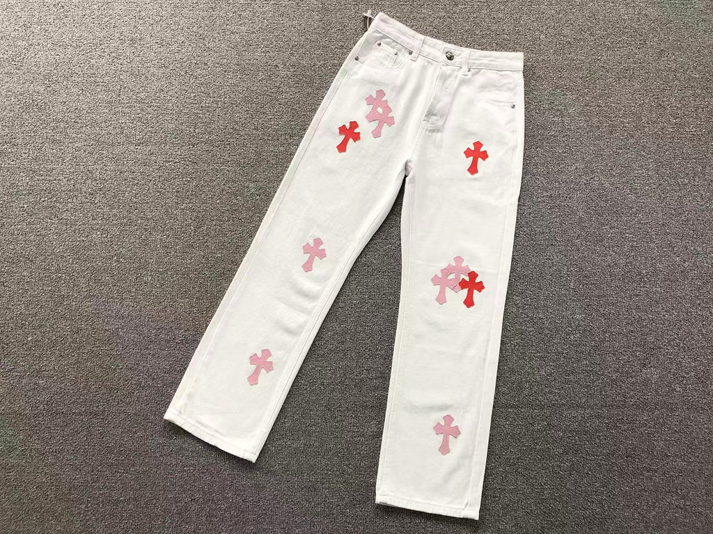 Red & Pink Cross Patch White Denim Jeans™