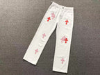 Red & Pink Cross Patch White Denim Jeans™