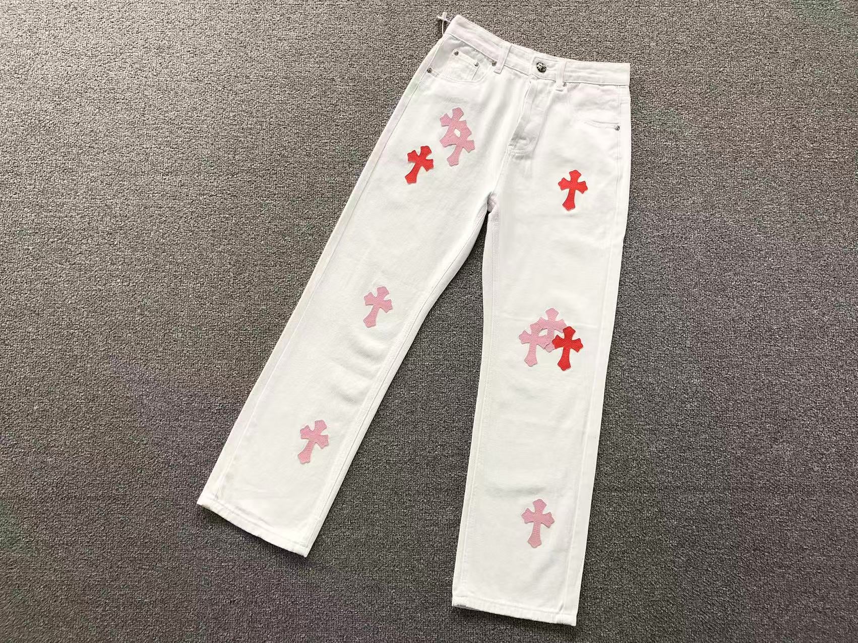 Red & Pink Cross Patch White Denim Jeans™