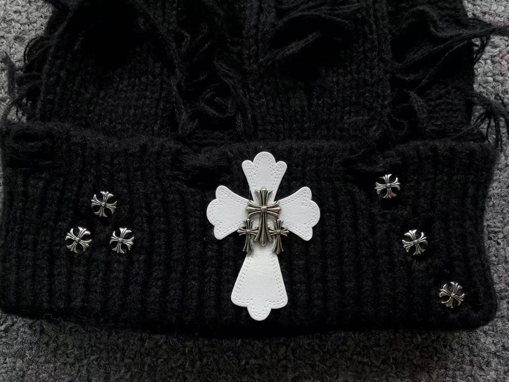 Leather & Metallic Cross Torn Knit Beanie™