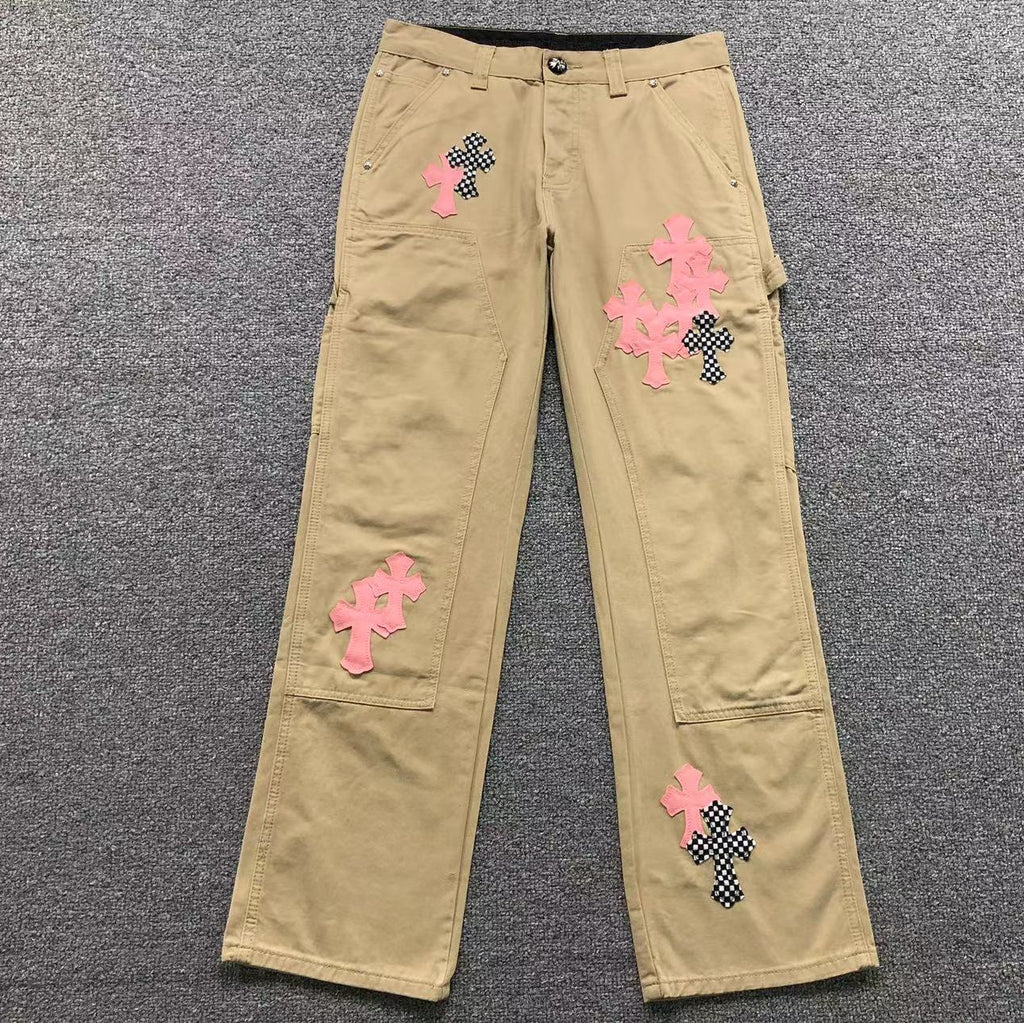 Pink & Checkered Cross Patch Beige Carpenter Pants™