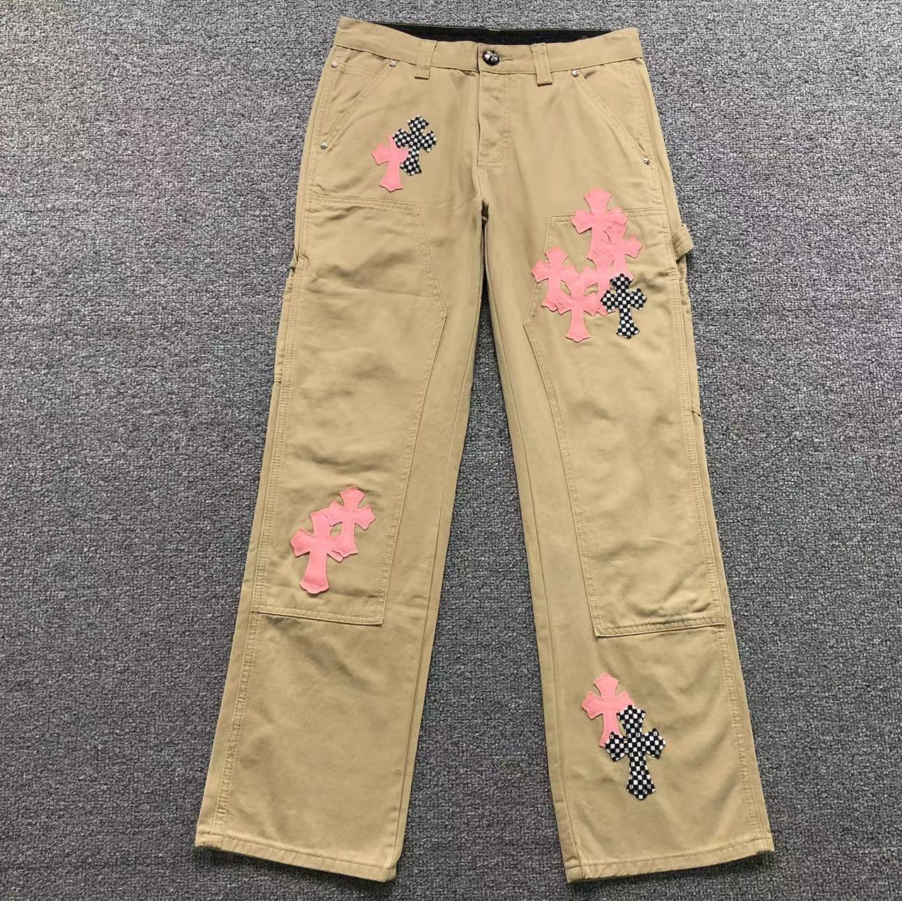 Pink & Checkered Cross Patch Beige Carpenter Pants™