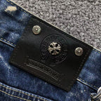 White Brown & Orange Cross Patch White Paint Marks Dark Blue Denim Jeans™