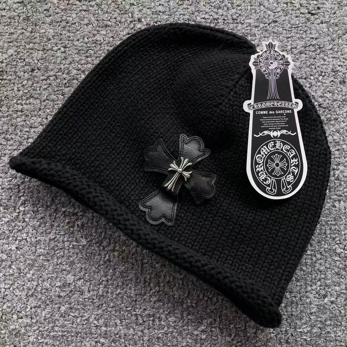 Metallic & Leather Cross Black Beanie™