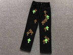 Leopard & Green Cross Patch Black Jeans™