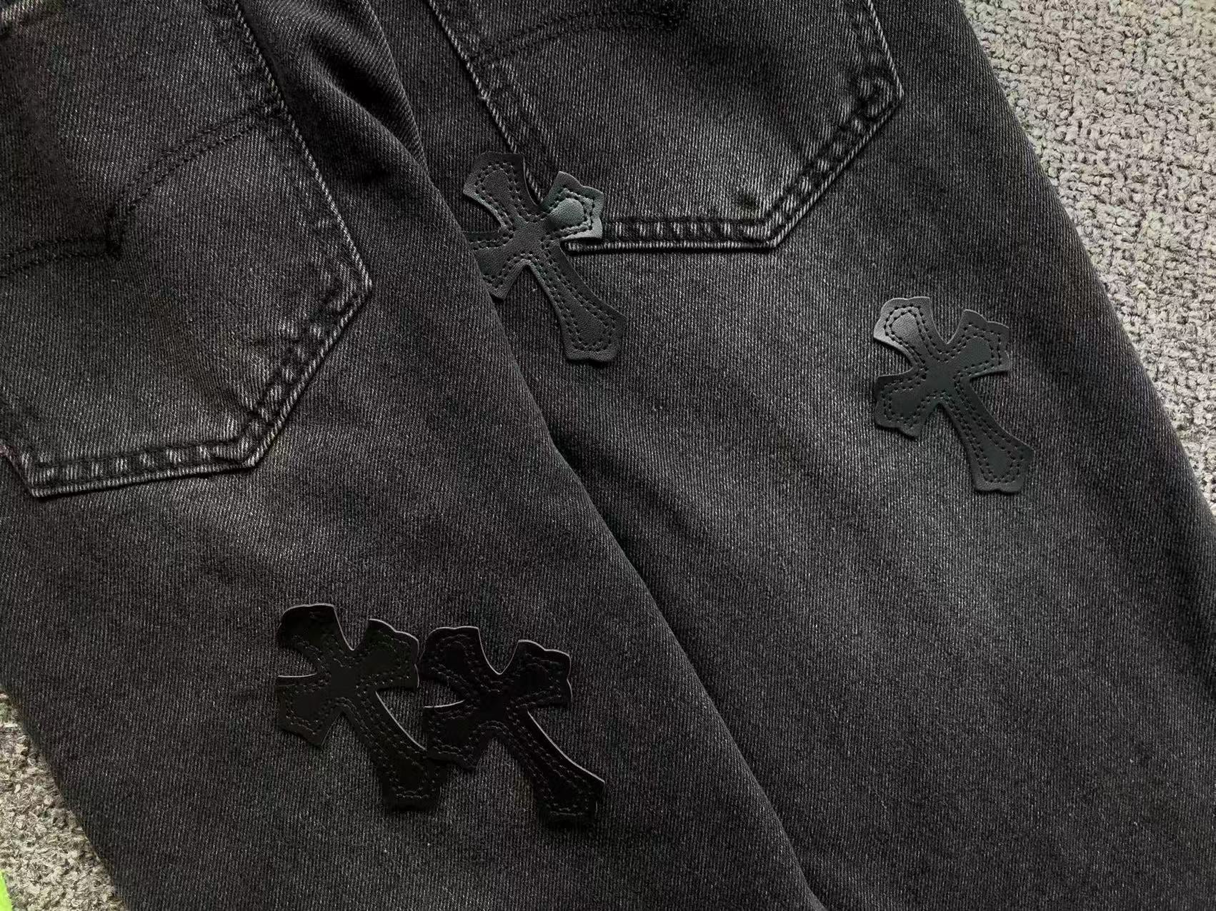 Black Leather Cross Patch Black Denim Jeans™