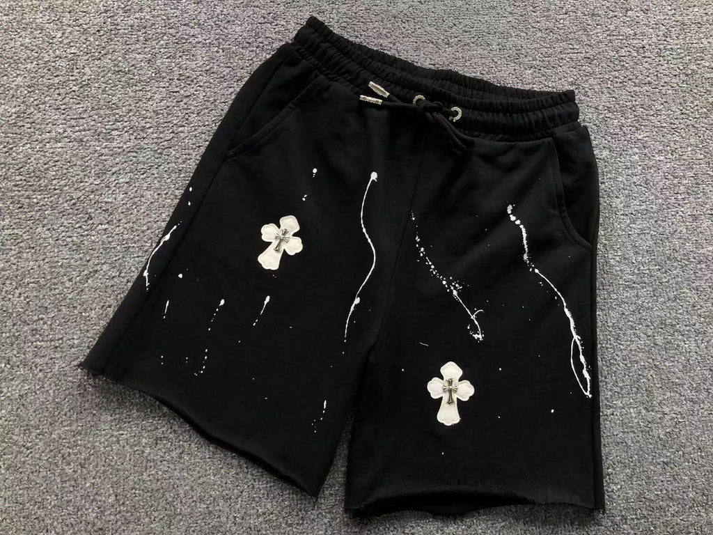White Leather Cross Paint Drip Sweatshorts™